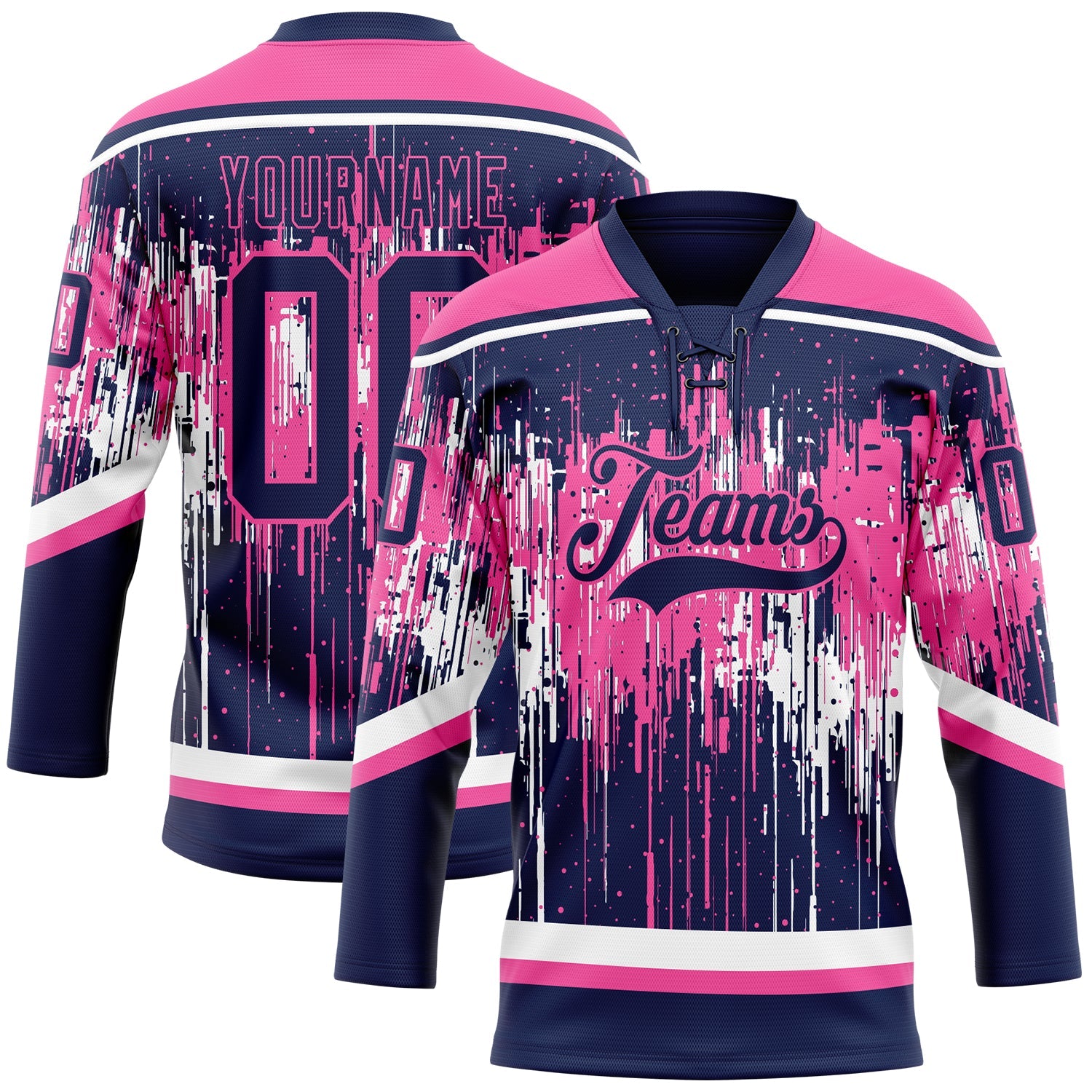 Custom Navy Pink-White 3D Pattern Dripping Splatter Hockey Lace Neck Jersey