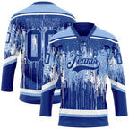 Custom Royal Light Blue-White 3D Pattern Dripping Splatter Hockey Lace Neck Jersey