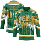 Custom Kelly Green Old Gold-White 3D Pattern Dripping Splatter Hockey Lace Neck Jersey