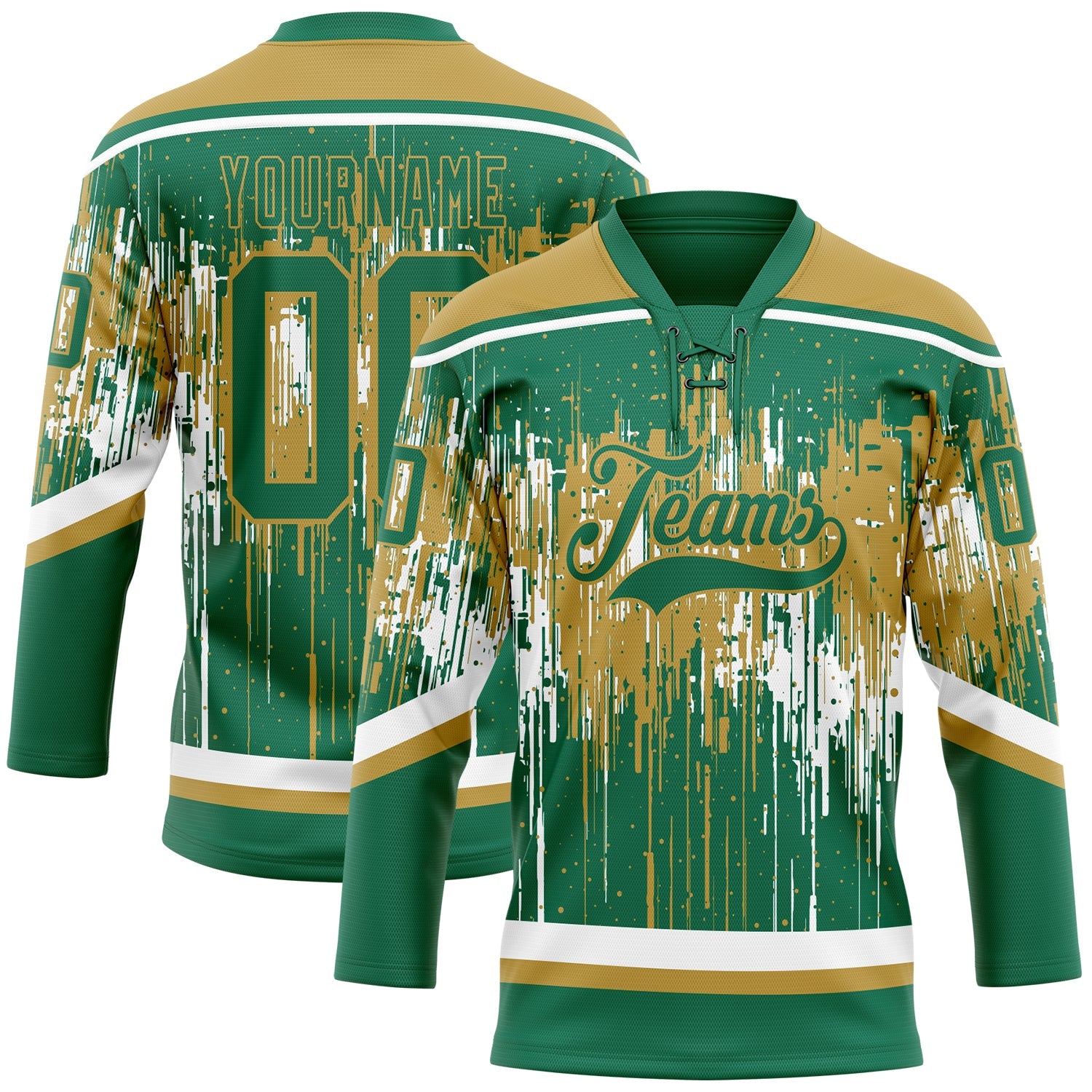 Custom Kelly Green Old Gold-White 3D Pattern Dripping Splatter Hockey Lace Neck Jersey