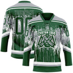 Custom Green Gray-White 3D Pattern Dripping Splatter Hockey Lace Neck Jersey