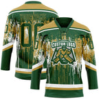 Custom Green Old Gold-White 3D Pattern Dripping Splatter Hockey Lace Neck Jersey