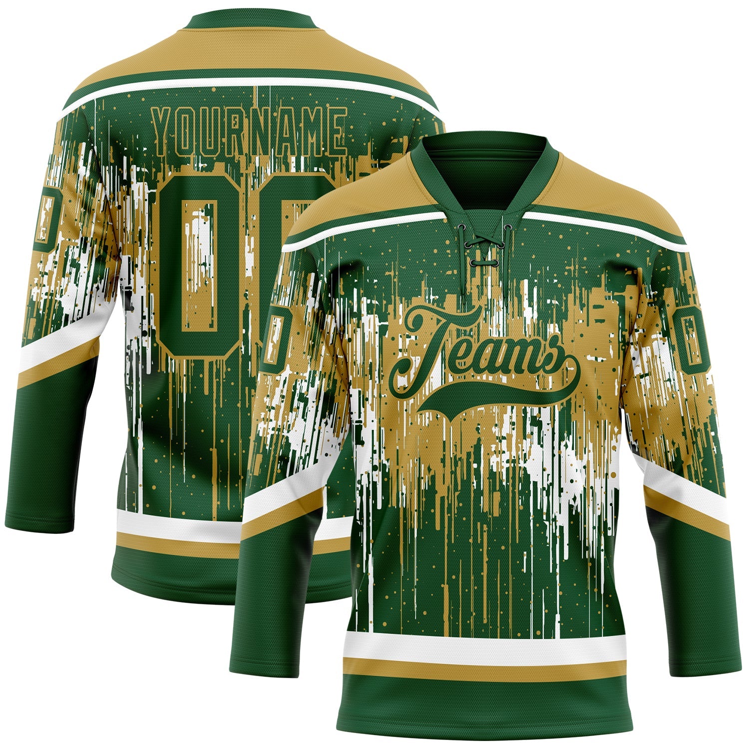 Custom Green Old Gold-White 3D Pattern Dripping Splatter Hockey Lace Neck Jersey
