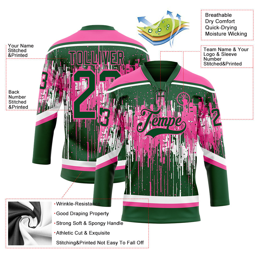 Custom Green Pink-White 3D Pattern Dripping Splatter Hockey Lace Neck Jersey