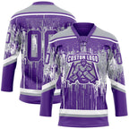 Custom Purple Gray-White 3D Pattern Dripping Splatter Hockey Lace Neck Jersey