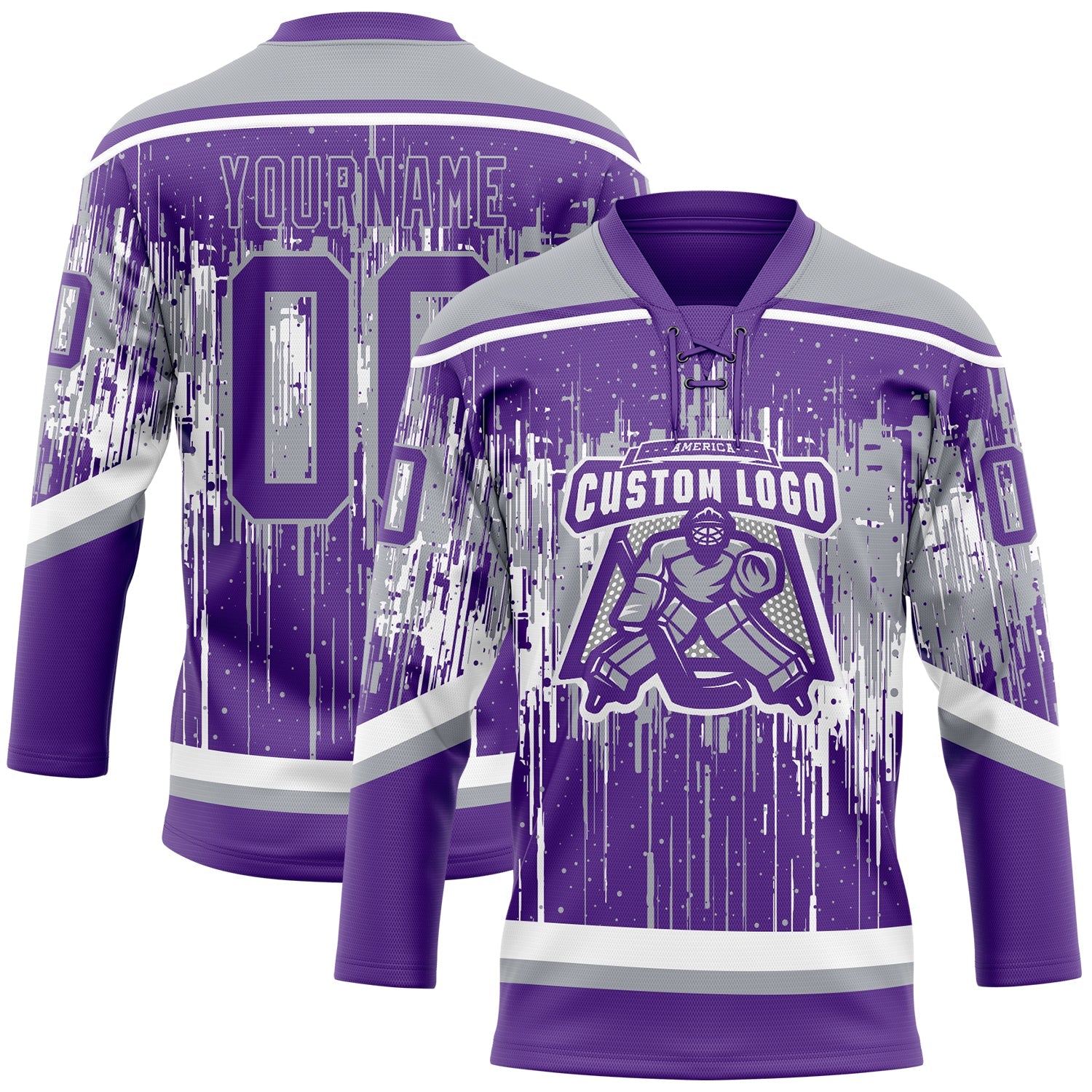 Custom Purple Gray-White 3D Pattern Dripping Splatter Hockey Lace Neck Jersey