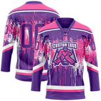 Custom Purple Pink-White 3D Pattern Dripping Splatter Hockey Lace Neck Jersey