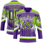 Custom Purple Neon Green-White 3D Pattern Dripping Splatter Hockey Lace Neck Jersey