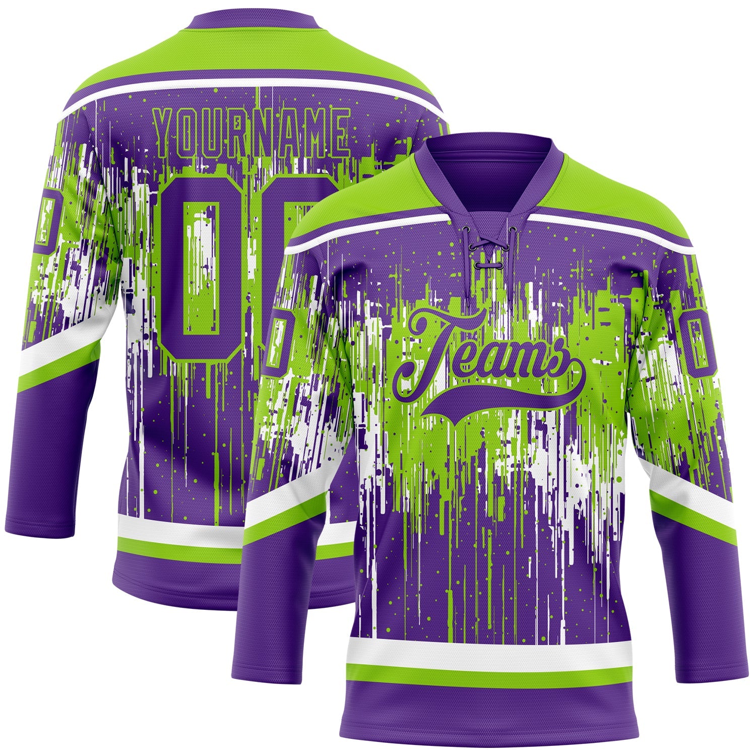 Custom Purple Neon Green-White 3D Pattern Dripping Splatter Hockey Lace Neck Jersey