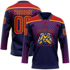 Custom Red Navy-Gold 3D Pattern Abstract Gradient Halftone Hockey Lace Neck Jersey