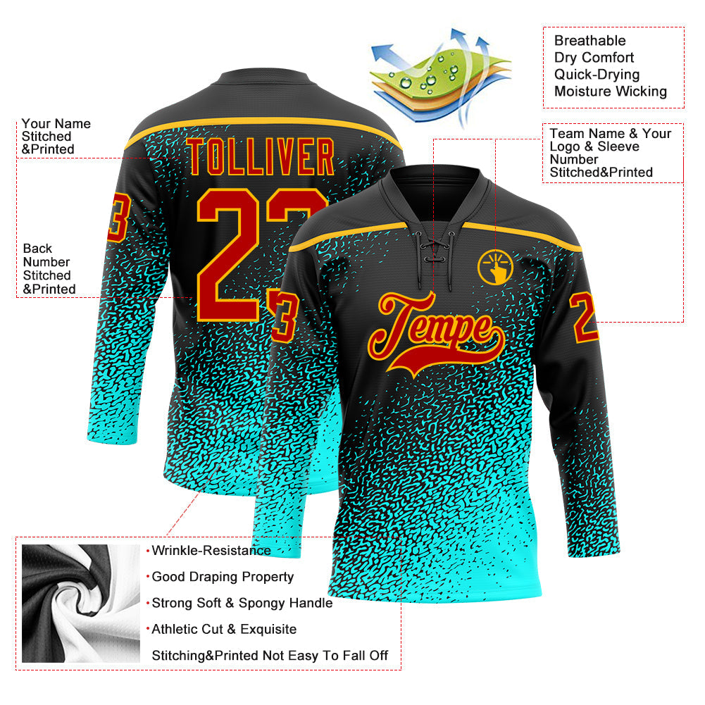 Custom Black Red Blue-Gold 3D Pattern Abstract Gradient Halftone Hockey Lace Neck Jersey