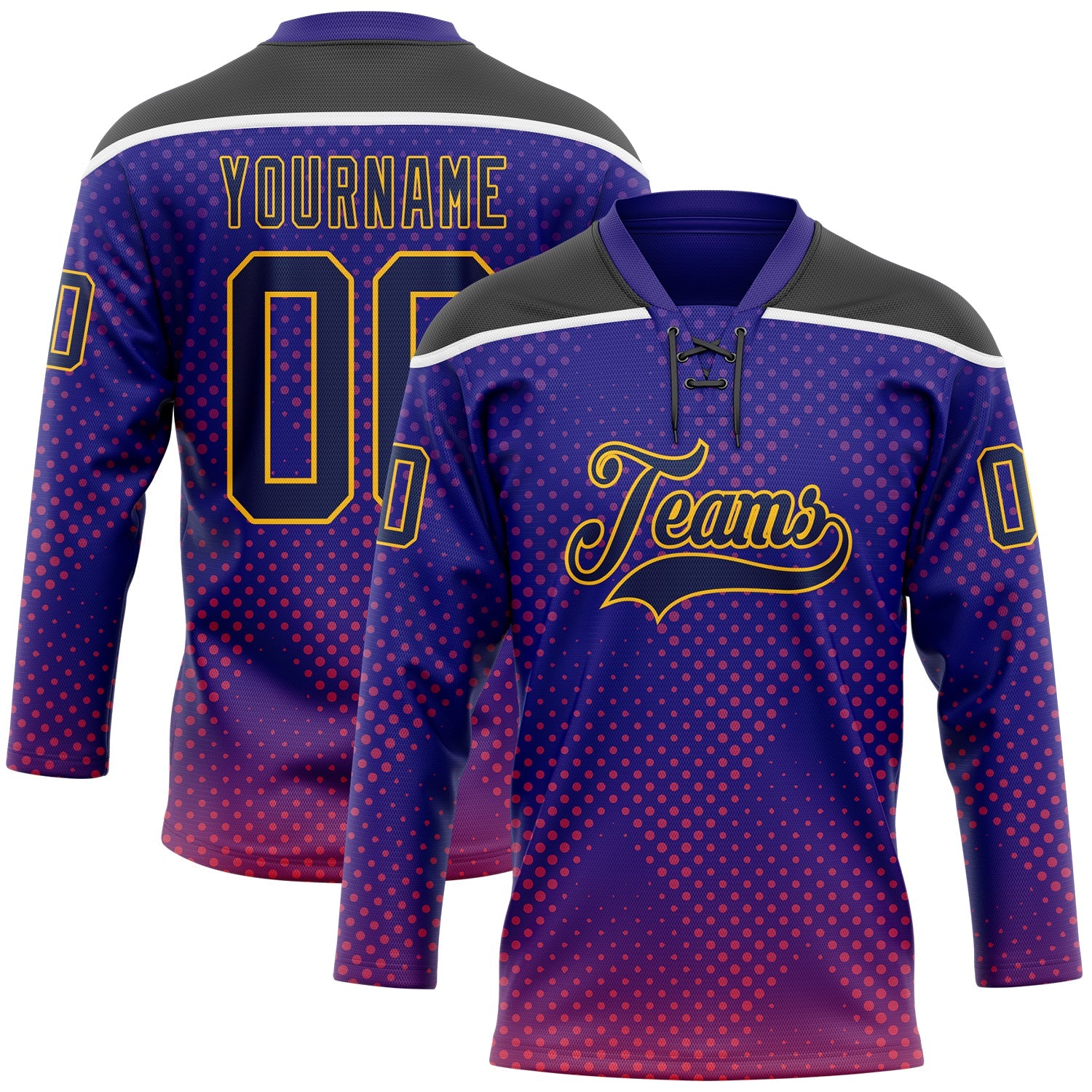 Custom Dark Purple Navy Gold Red Black-White 3D Pattern Abstract Gradient Halftone Hockey Lace Neck Jersey