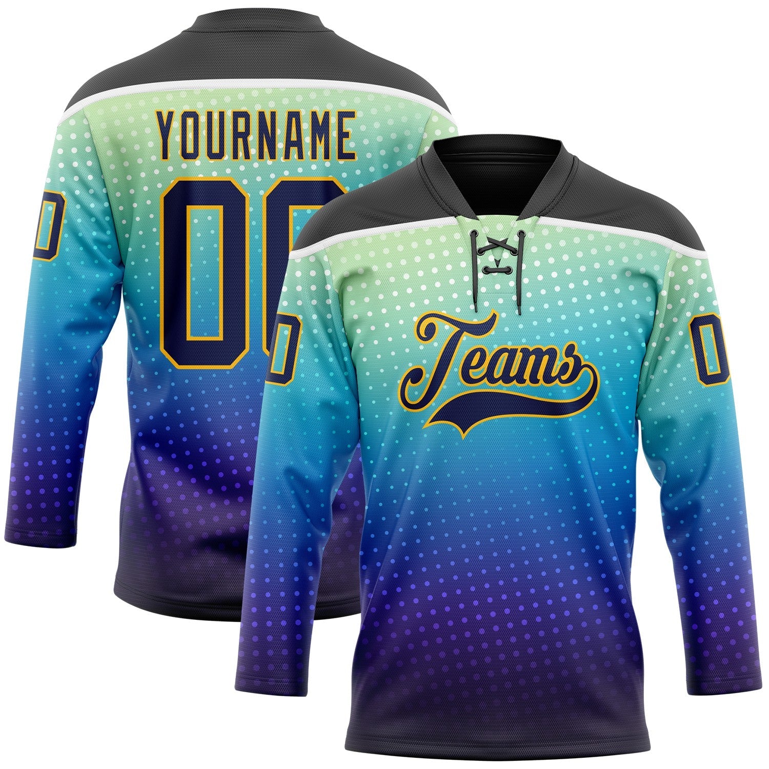 Custom Black Navy Blue Gold-White 3D Pattern Abstract Gradient Halftone Hockey Lace Neck Jersey