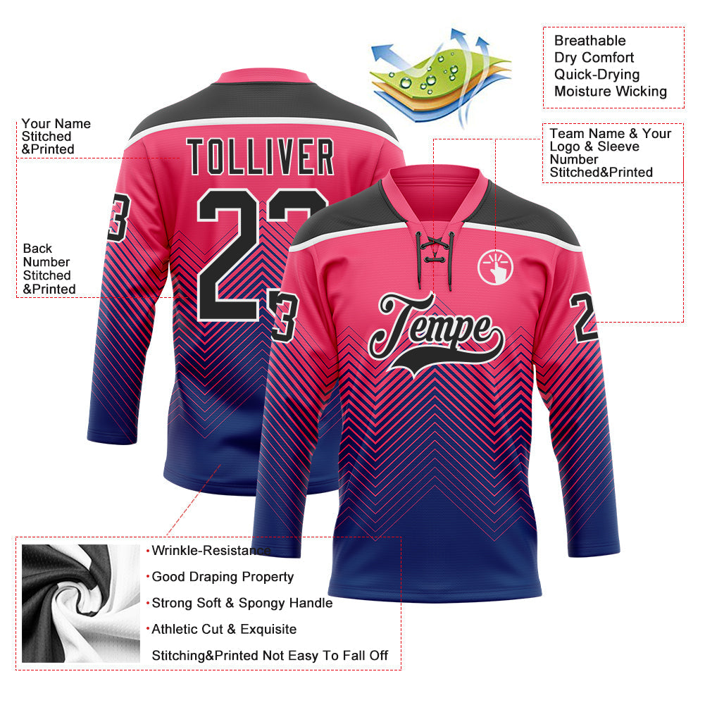 Custom Neon Pink Black Blue-White 3D Pattern Abstract Gradient Halftone Hockey Lace Neck Jersey