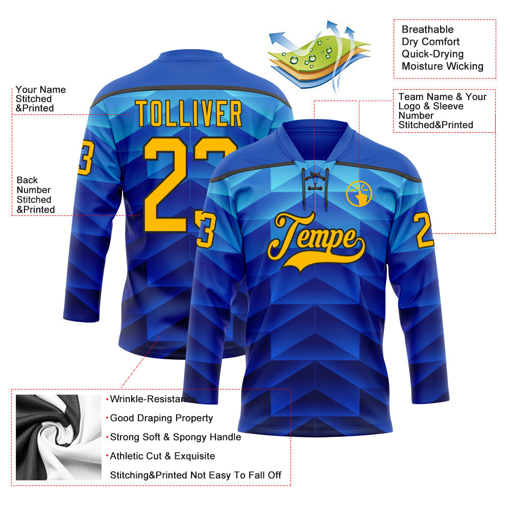 Custom Blue Gold-Black 3D Pattern Abstract Gradient Halftone Hockey Lace Neck Jersey