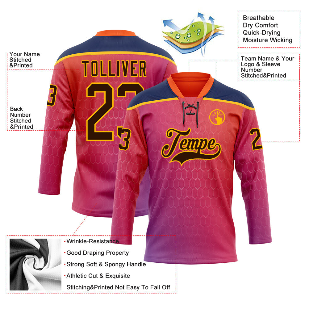 Custom Orange Brown Red Navy-Gold 3D Pattern Abstract Gradient Halftone Hockey Lace Neck Jersey