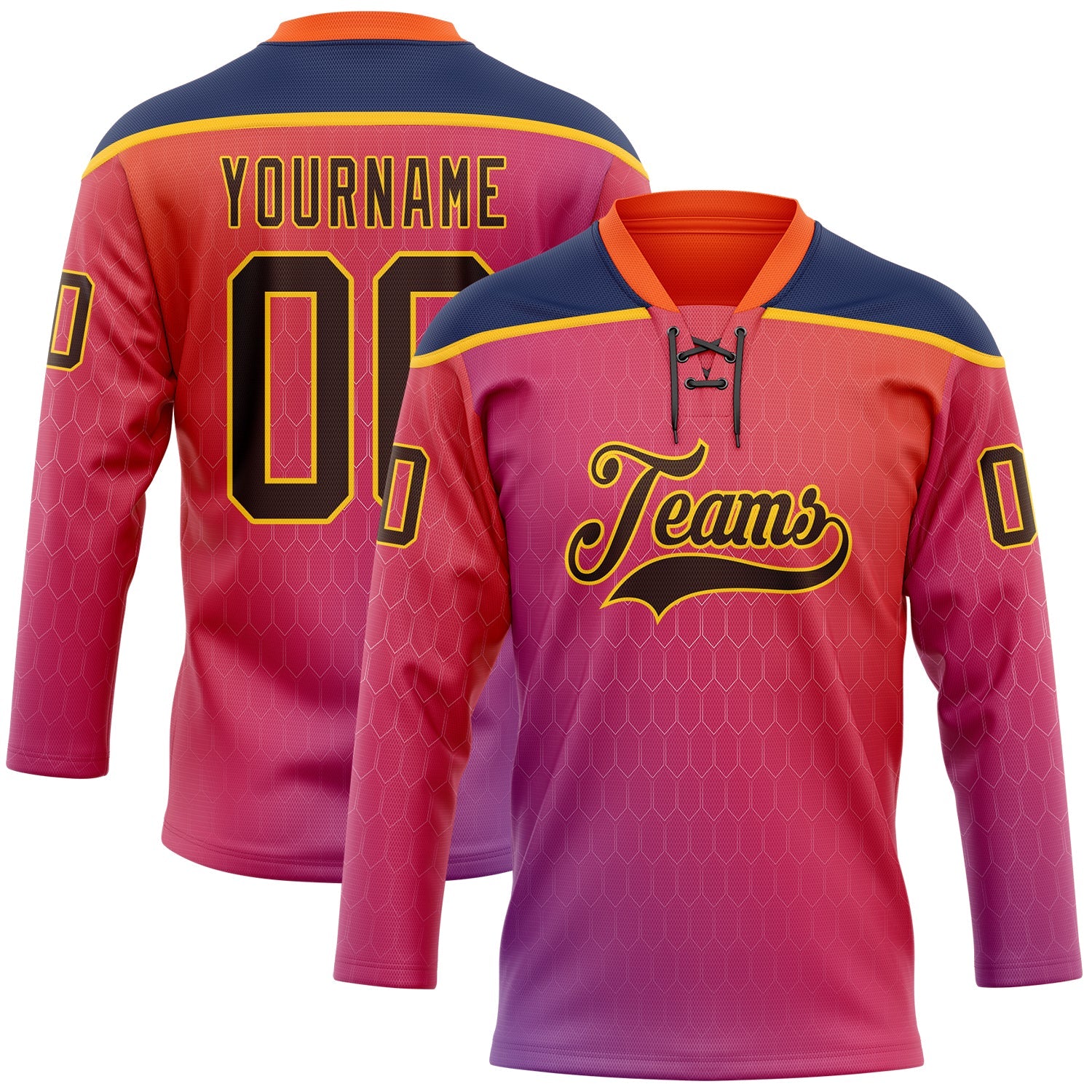 Custom Orange Brown Red Navy-Gold 3D Pattern Abstract Gradient Halftone Hockey Lace Neck Jersey