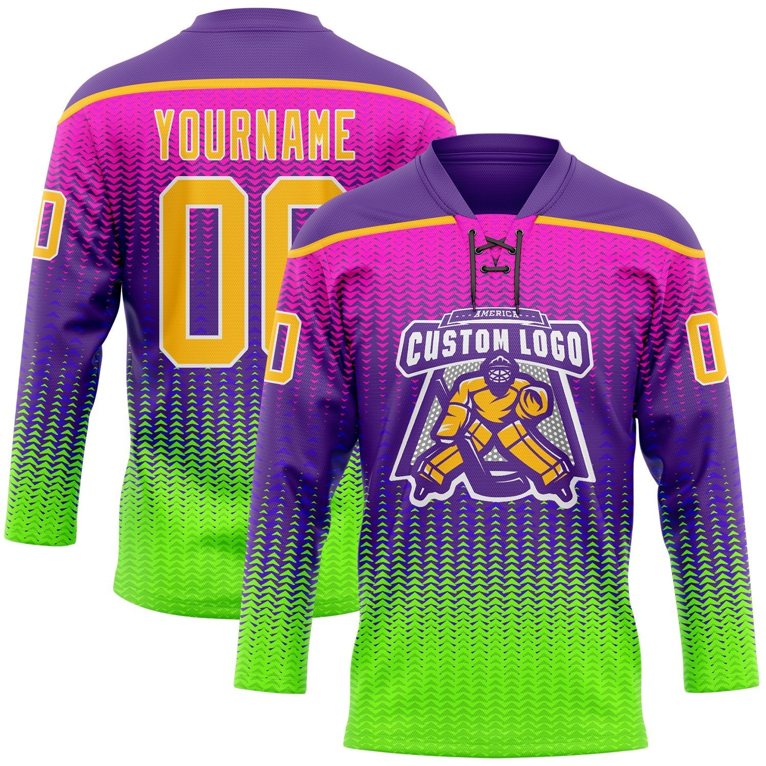 Custom Purple Gold Green-White 3D Pattern Abstract Gradient Halftone Hockey Lace Neck Jersey
