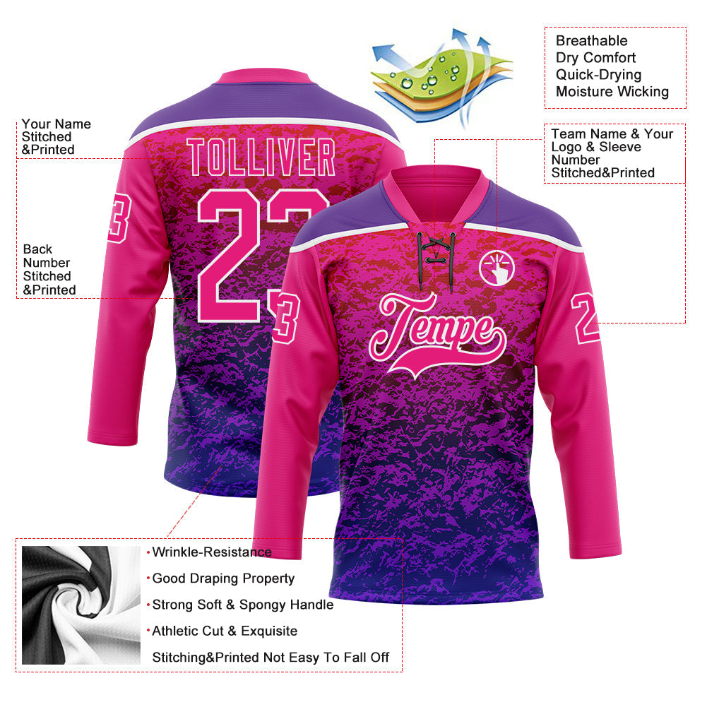 Custom Hot Pink Purple-White 3D Pattern Abstract Gradient Halftone Hockey Lace Neck Jersey