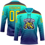 Custom Green Light Yellow Blue Black-Gold 3D Pattern Abstract Gradient Halftone Hockey Lace Neck Jersey