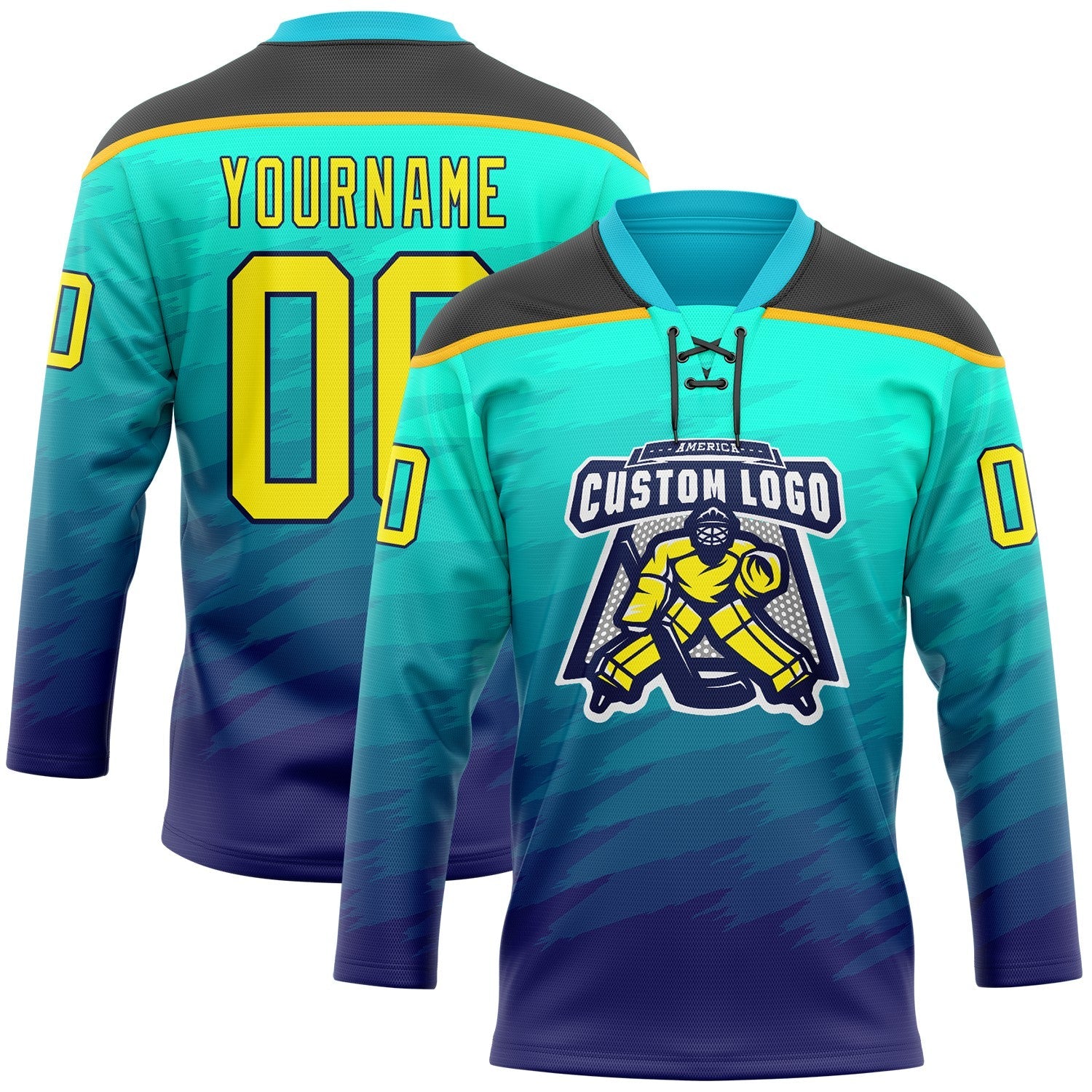 Custom Green Light Yellow Blue Black-Gold 3D Pattern Abstract Gradient Halftone Hockey Lace Neck Jersey
