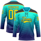 Custom Green Light Yellow Blue Black-Gold 3D Pattern Abstract Gradient Halftone Hockey Lace Neck Jersey