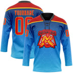 Custom Blue Fire Red Gold-Black 3D Pattern Abstract Gradient Halftone Hockey Lace Neck Jersey