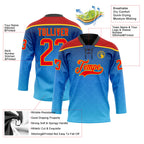 Custom Blue Fire Red Gold-Black 3D Pattern Abstract Gradient Halftone Hockey Lace Neck Jersey