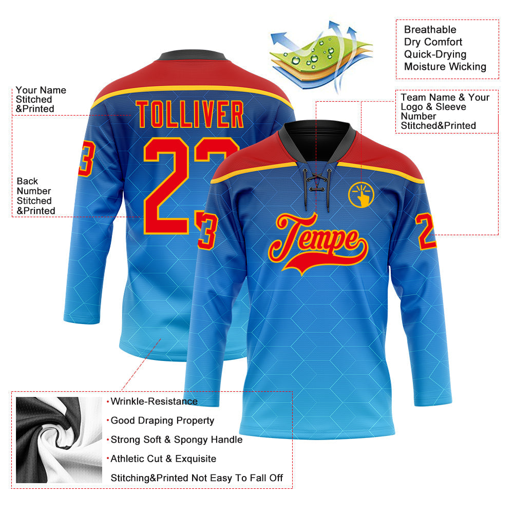 Custom Blue Fire Red Gold-Black 3D Pattern Abstract Gradient Halftone Hockey Lace Neck Jersey