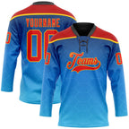 Custom Blue Fire Red Gold-Black 3D Pattern Abstract Gradient Halftone Hockey Lace Neck Jersey