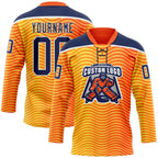 Custom Orange Navy Yellow-White 3D Pattern Abstract Gradient Halftone Hockey Lace Neck Jersey
