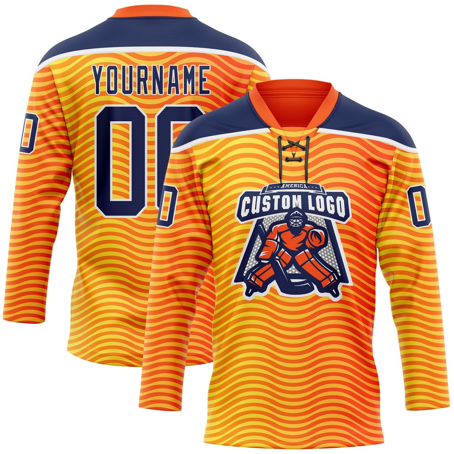 Custom Orange Navy Yellow-White 3D Pattern Abstract Gradient Halftone Hockey Lace Neck Jersey