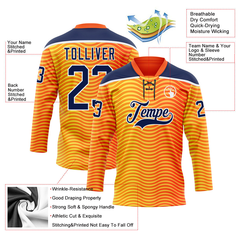 Custom Orange Navy Yellow-White 3D Pattern Abstract Gradient Halftone Hockey Lace Neck Jersey