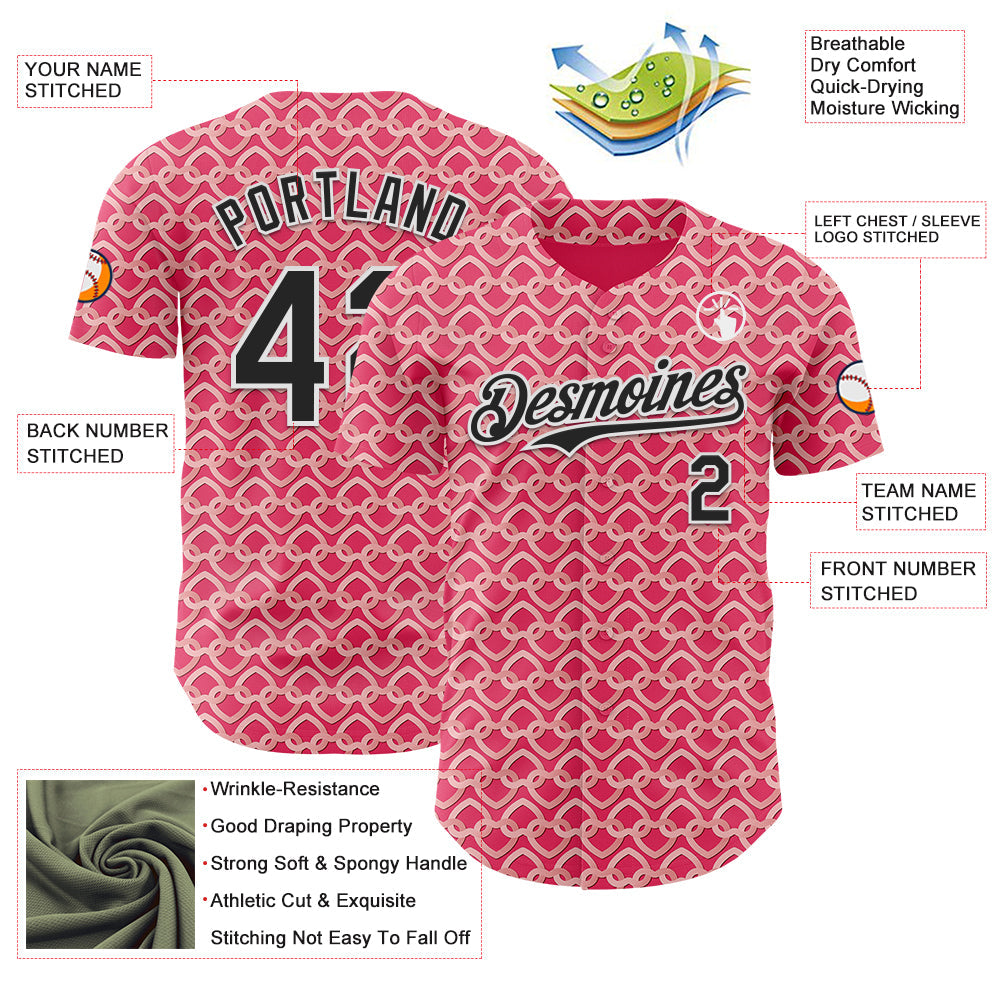 Custom Neon Pink Black-White Valentine's Day Love Heart Authentic Baseball Jersey