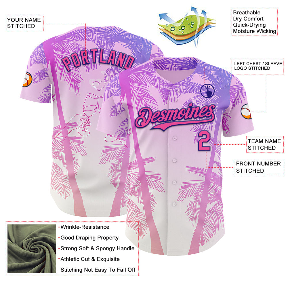 Custom Pink Dark Purple-White Valentine's Day Gradient Coconut Trees Authentic Baseball Jersey