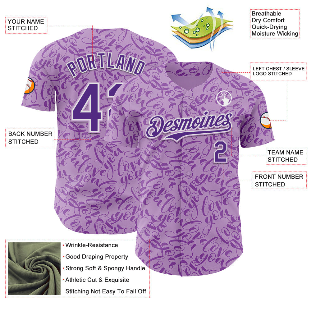 Custom Light Purple Purple-White Valentine's Day Love Authentic Baseball Jersey