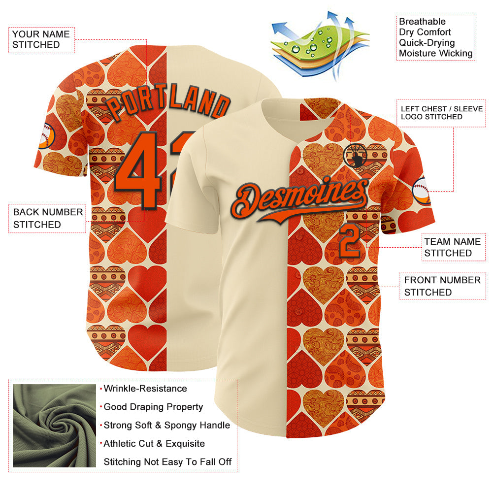 Custom Orange Cream-Black Valentine's Day Love Heart Authentic Baseball Jersey