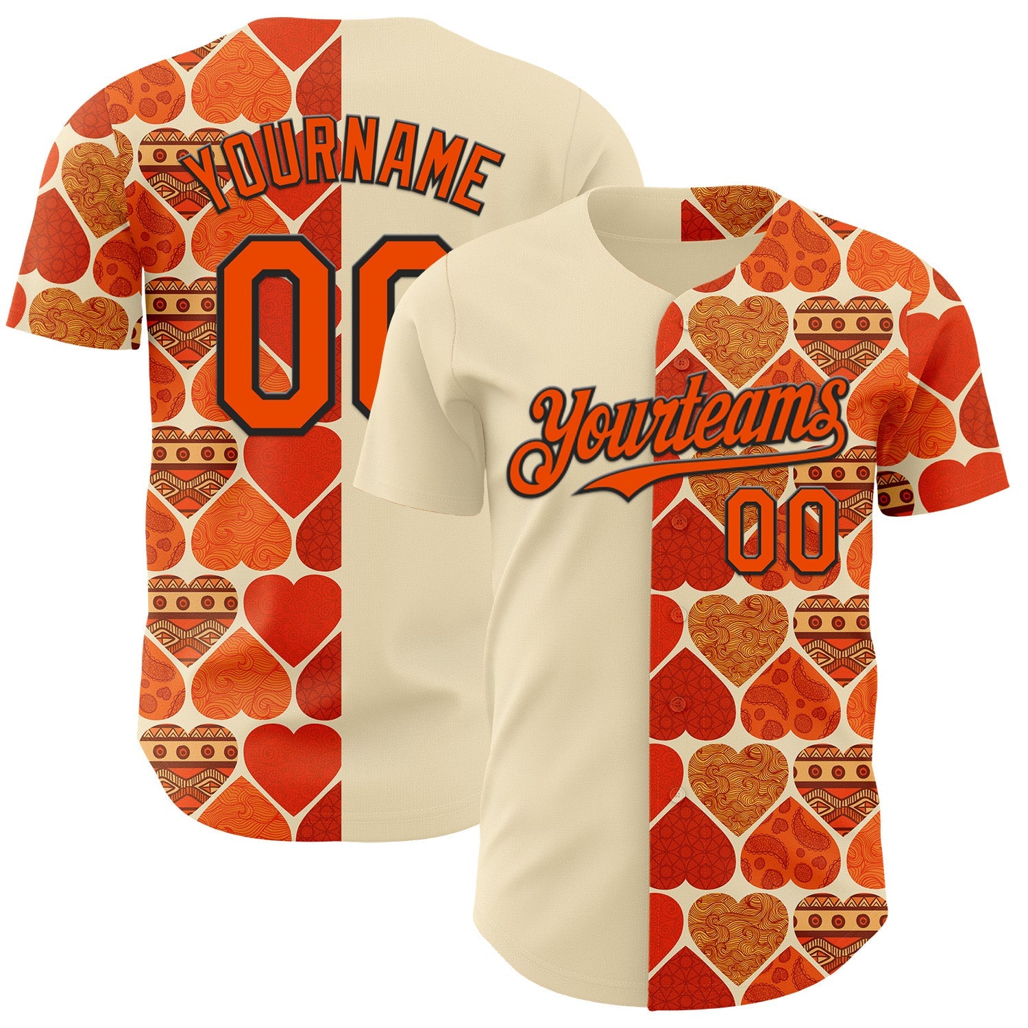 Custom Orange Cream-Black Valentine's Day Love Heart Authentic Baseball Jersey
