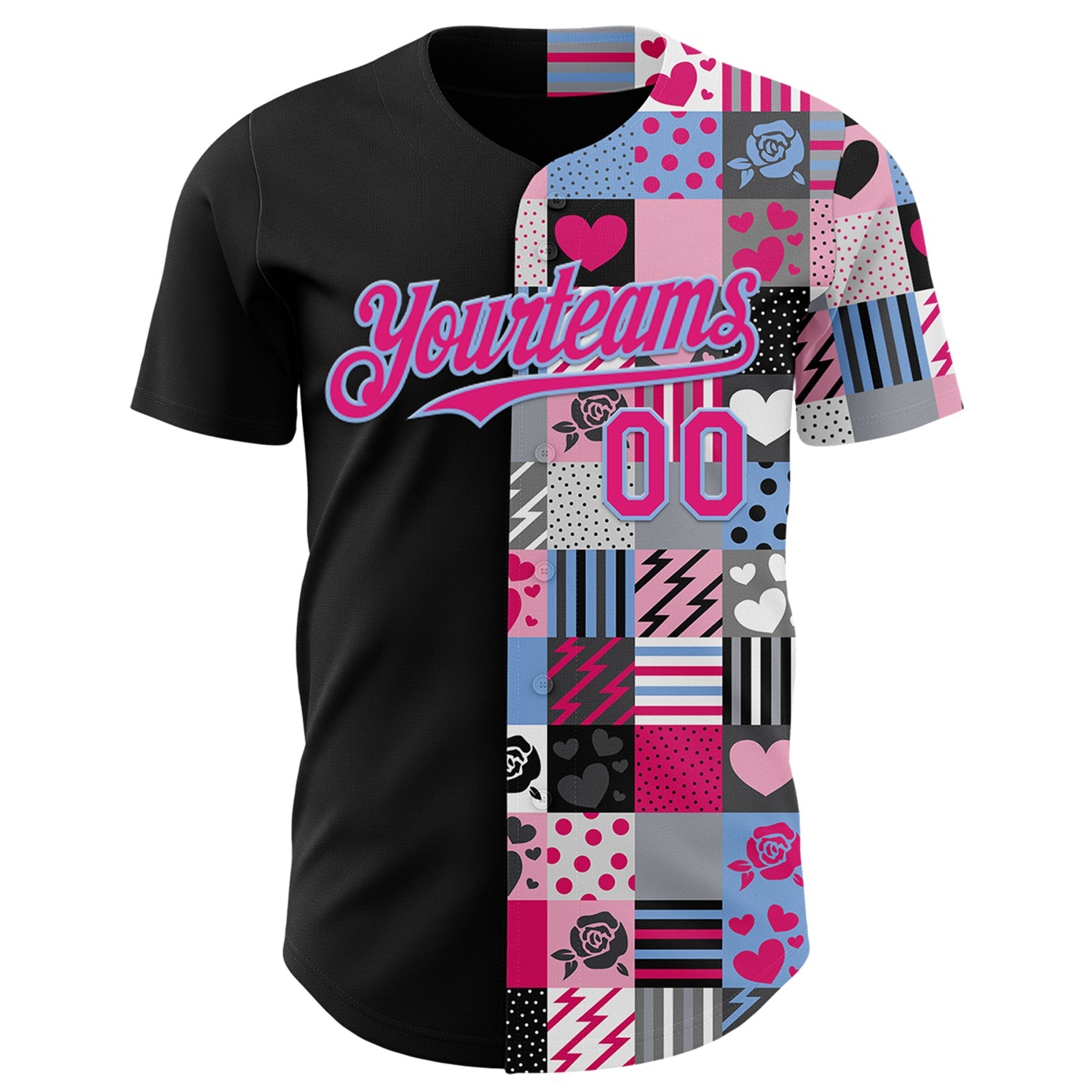 Custom Black Hot Pink-Light Blue Valentine's Day Love Heart Authentic Baseball Jersey