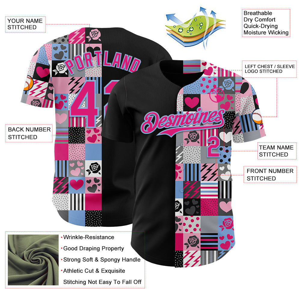 Custom Black Hot Pink-Light Blue Valentine's Day Love Heart Authentic Baseball Jersey