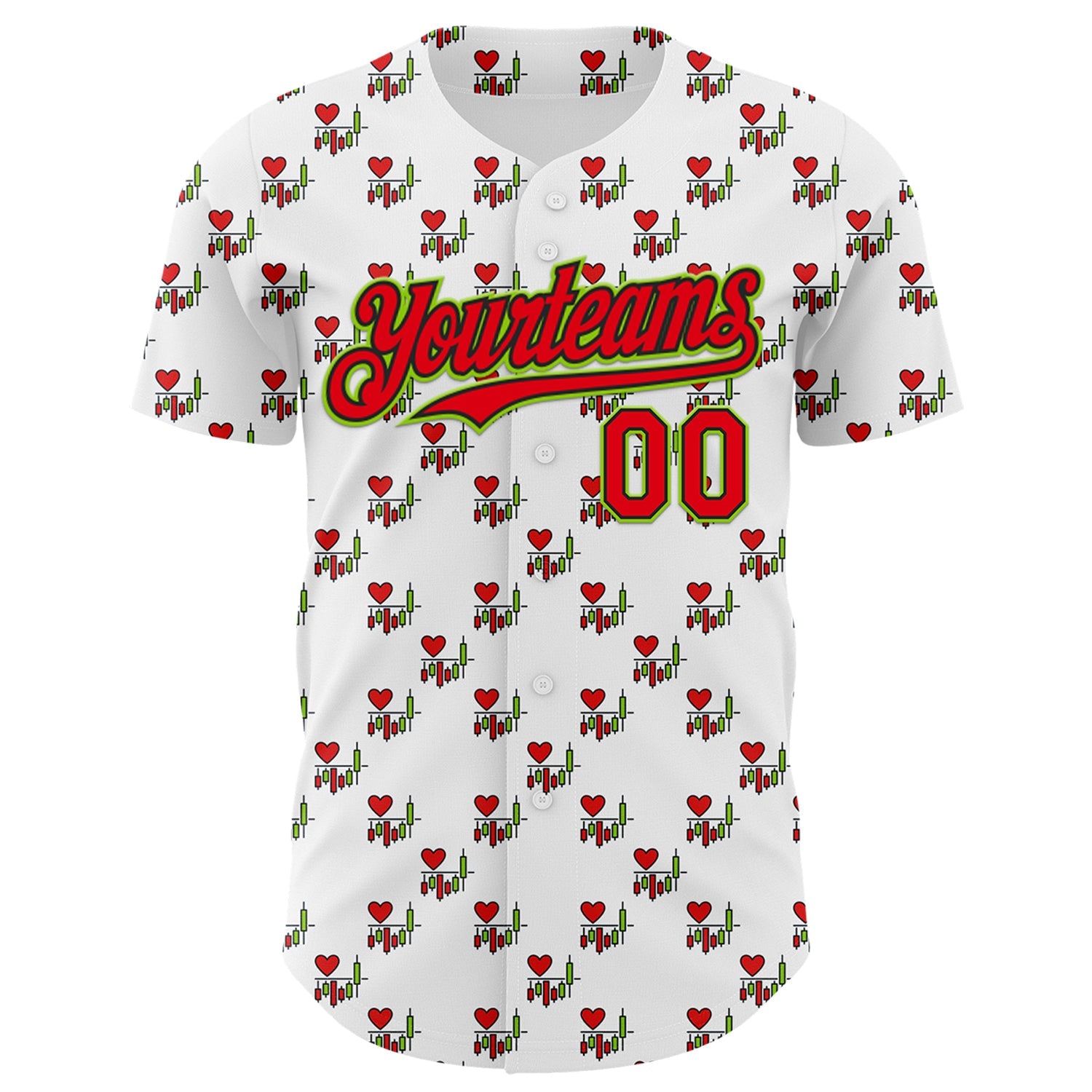 Custom White Fire Red Black-Neon Green Valentine's Day Love Heart Authentic Baseball Jersey