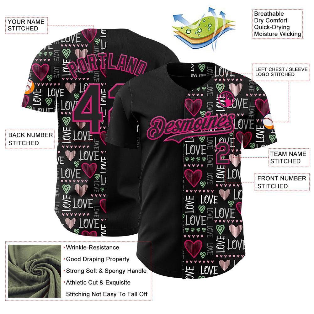Custom Black Hot Pink Valentine's Day Love Heart Authentic Baseball Jersey