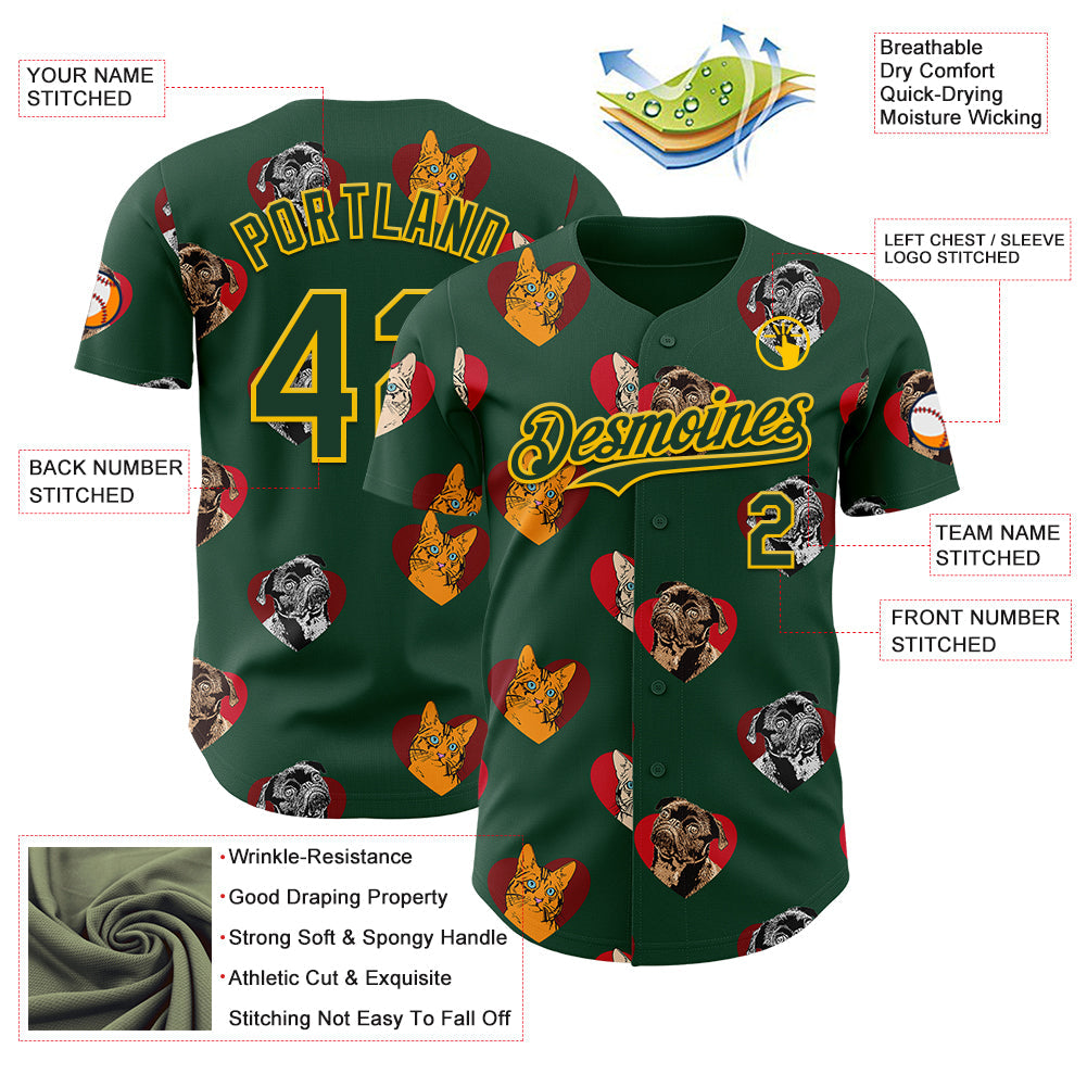 Custom Green Yellow Valentine's Day Love Heart Authentic Baseball Jersey