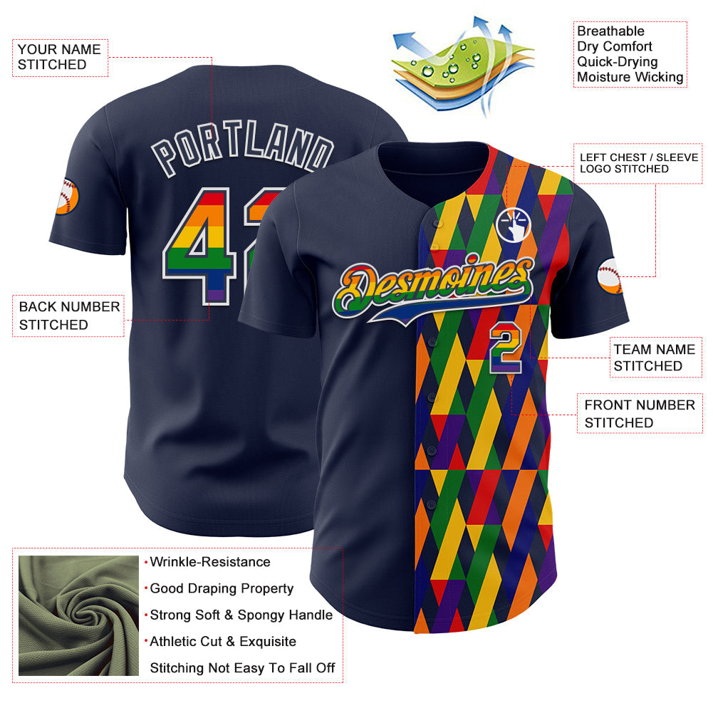 Custom Navy Rainbow-White Valentine's Day Pride Month Love Is Love Authentic Baseball Jersey