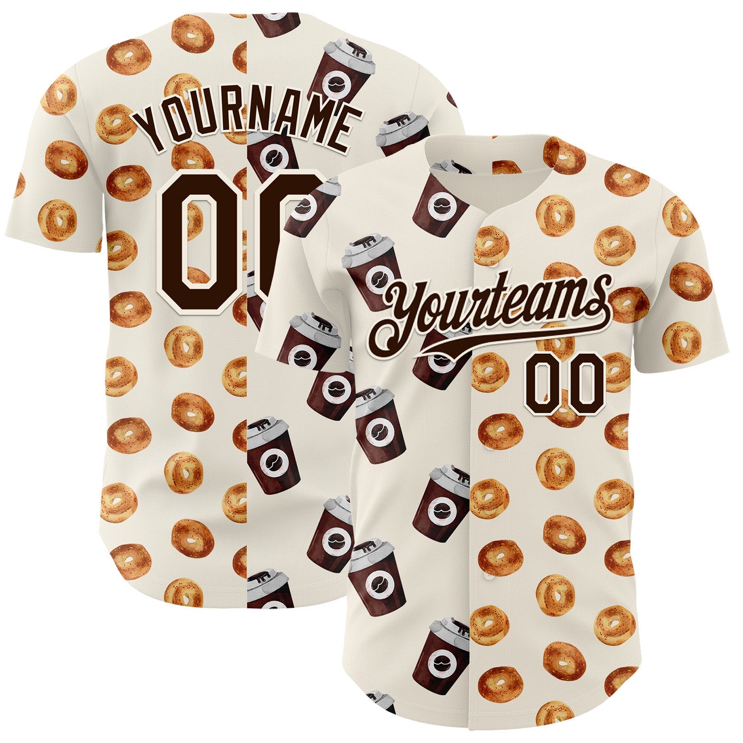 Custom Cream Brown Valentine's Day Bagel Meets Coffee Authentic Baseball Jersey