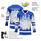 Custom Thunder Blue White 3D Pattern Abstract Splatter Paint Hockey Lace Neck Jersey