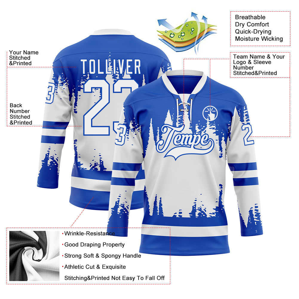 Custom Thunder Blue White 3D Pattern Abstract Splatter Paint Hockey Lace Neck Jersey