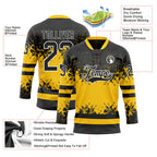 Custom Black Yellow-White 3D Pattern Abstract Splatter Paint Hockey Lace Neck Jersey
