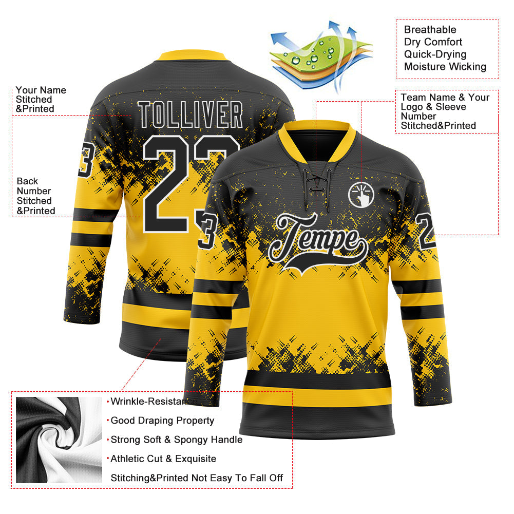 Custom Black Yellow-White 3D Pattern Abstract Splatter Paint Hockey Lace Neck Jersey