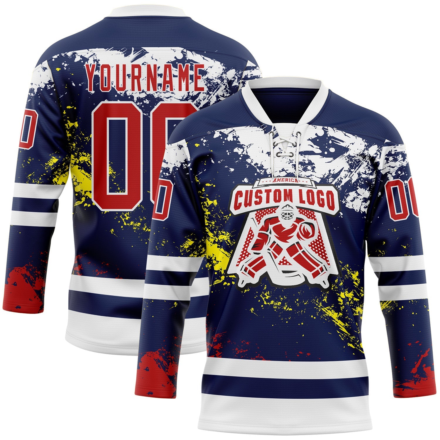 Custom Navy Red Yellow-White 3D Pattern Abstract Splatter Paint Hockey Lace Neck Jersey